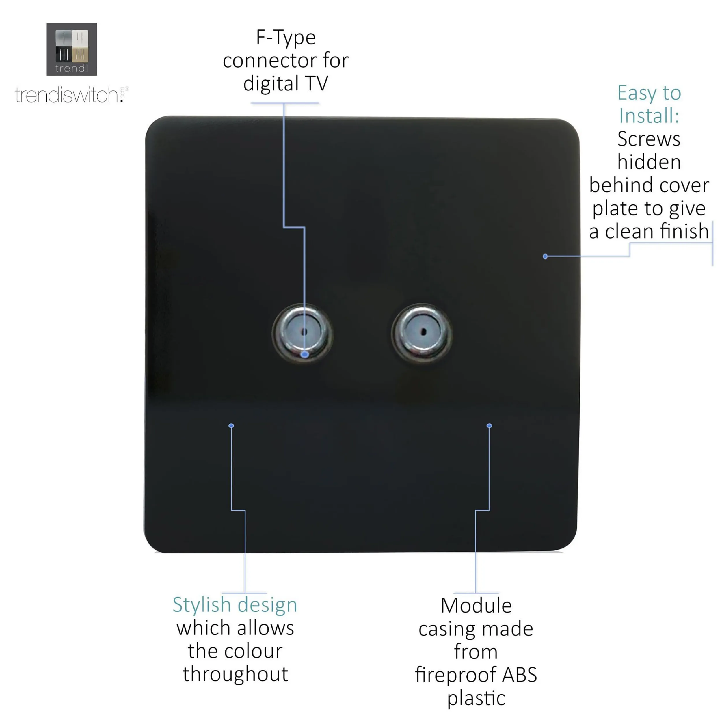 2 Gang F-Type Satellite Televison Socket Piano Black ART-2SATBK  Trendi Piano Black